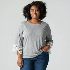 Loft Lace Quarter Sleeve 100% Cotton Gray Crew Neck Shirt